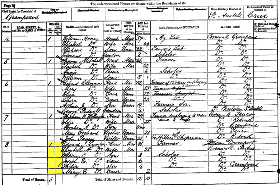 1881 census returns for Edward Joseph Lyndon and family