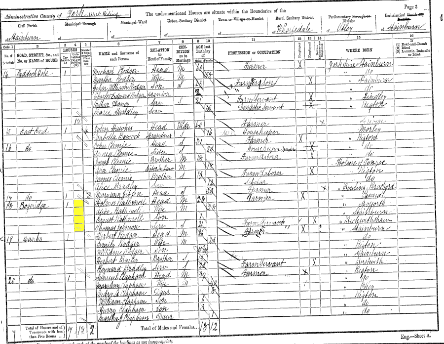 1891 census returns for Holmes and Alice Rathmell and family