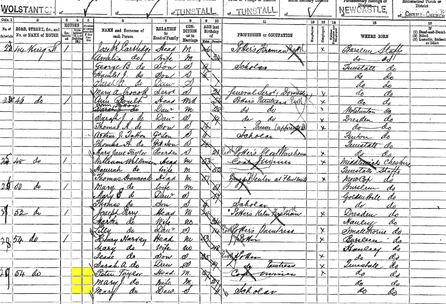 1891 census returns for Peter and Mary Jane Taylor and family