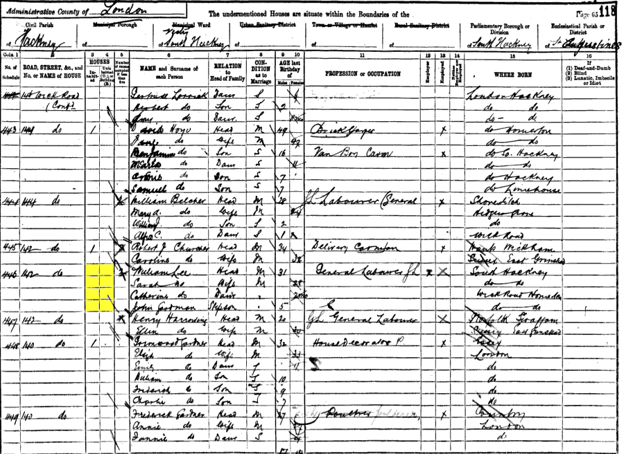 1891 census returns for William Riccard and Sarah Ann Lee and family