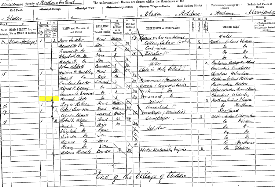 1891 census returns for Hannah Potts