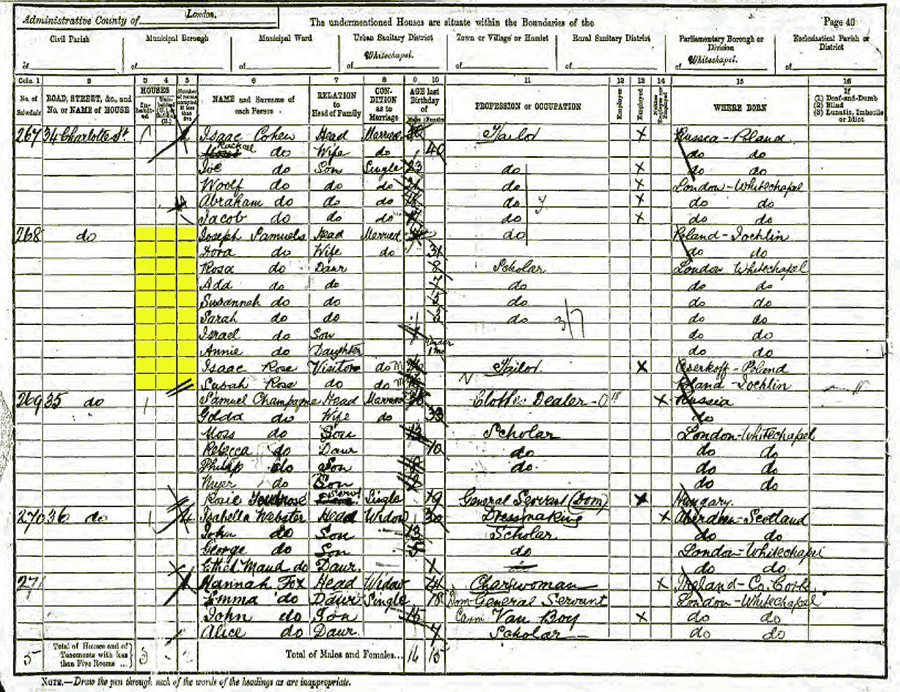 1891 census returns for Joseph and Dora Samuels and family