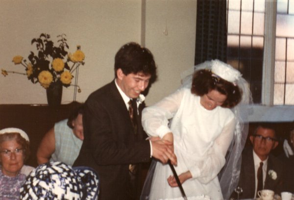 John and Shirley Olsen Wedding Day Cutting Cake